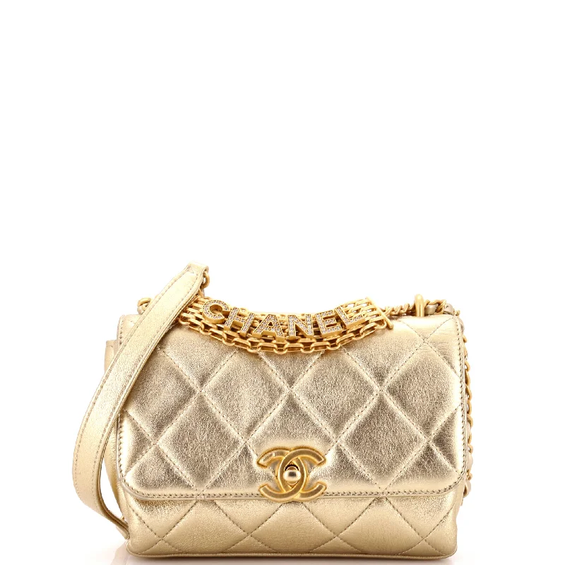 Crystal Logo Letters Chain Handle Flap Bag Quilted Lambskin Mini