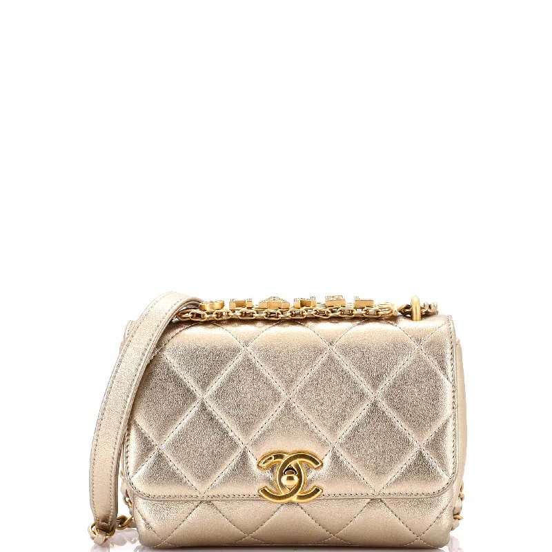 Crystal Logo Letters Chain Handle Flap Bag Quilted Lambskin Mini