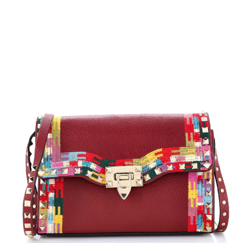 Rockstud Flip Lock Flap Bag Embroidered Leather Small