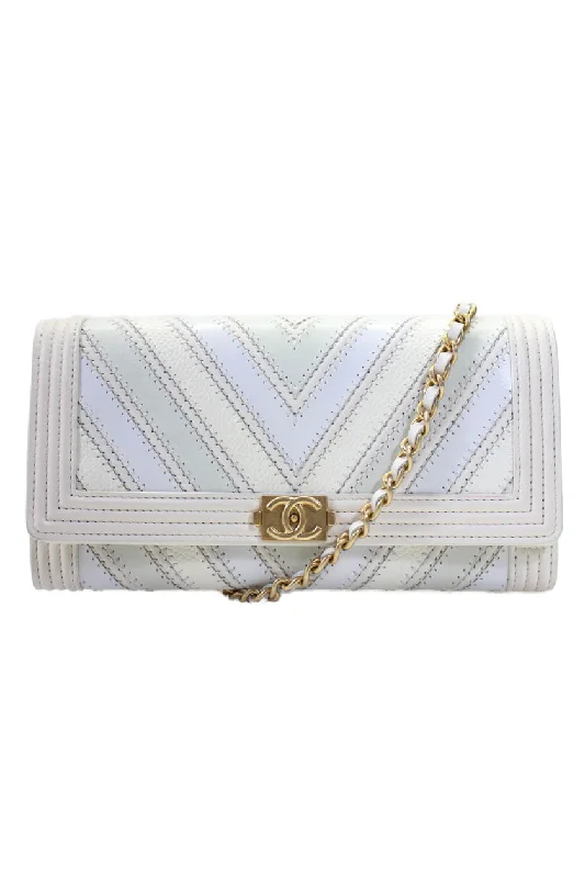 Chanel Womens White Chevron Mix Boy Flap Chain Strap Clutch Bag Handbag