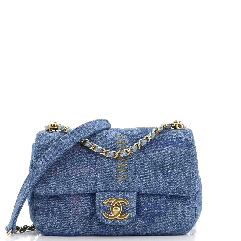 Denim Mood Flap Bag Logo Printed Quilted Denim Small