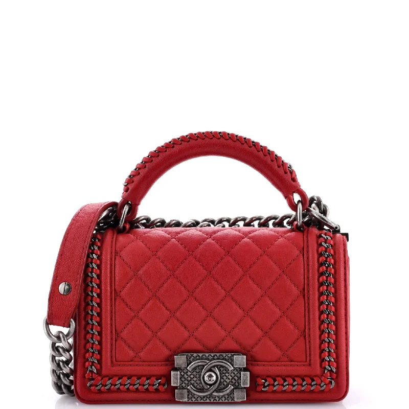 Chain Handle Boy Flap Bag Quilted Calfskin Small