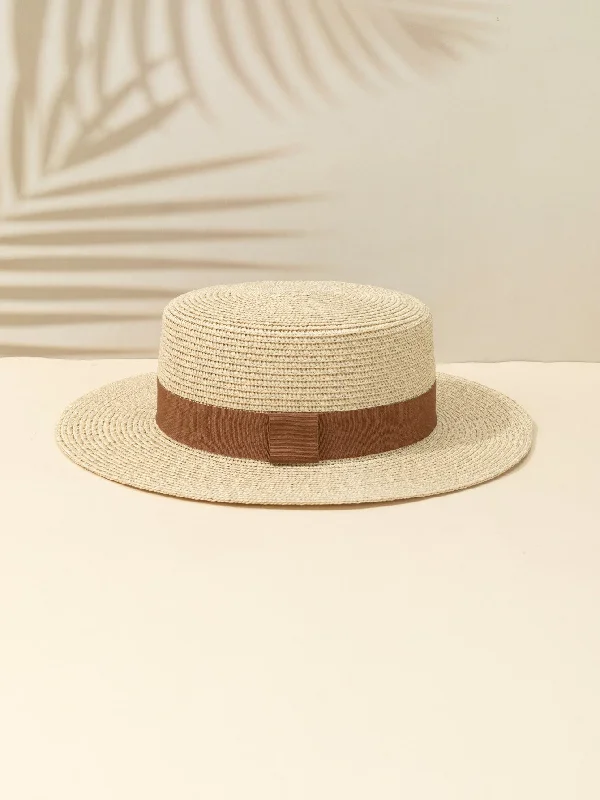 1pc Khaki British Style Vintage Fashion Sun Protection Belt Beach Sunshade Flat Top Straw Hat