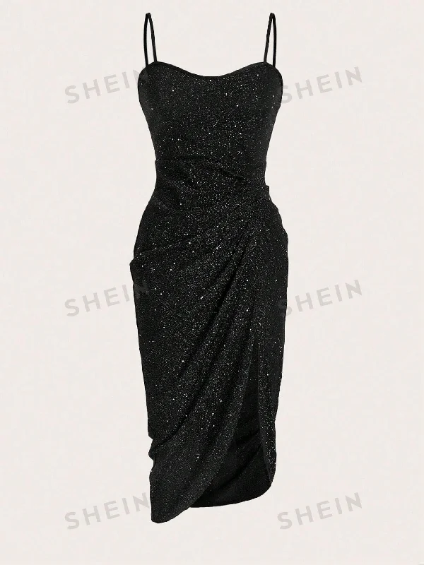 BAE Sexy Bodycon Dress With Spaghetti Straps, Backless Design, Ruched Detail, Slit And Sparkling Sequins