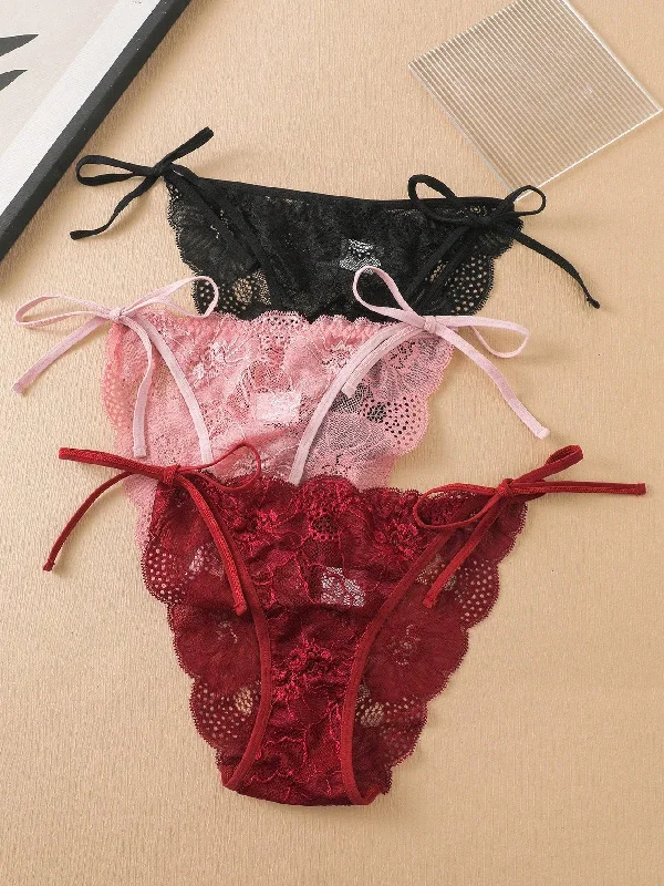 Basics 3pcs Women's Lace Thong Panties With Side Ties And Floral Details