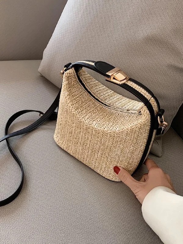 Casual Two Tone Push Lock Straw Bag