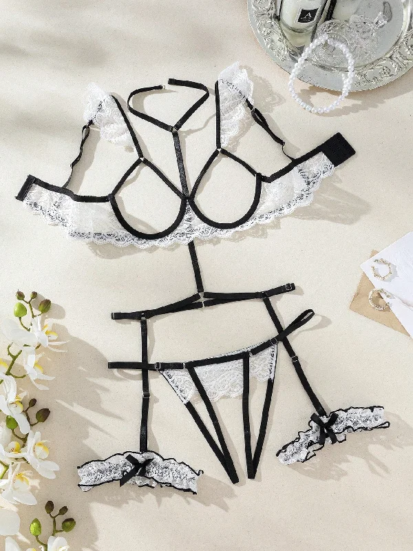 Classic Sexy Floral Lace Underwire Garter Lingerie Set