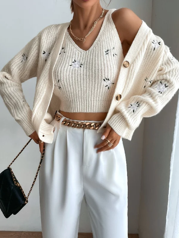 MOOSTA Floral Embroidery Cardigan & Knit Top