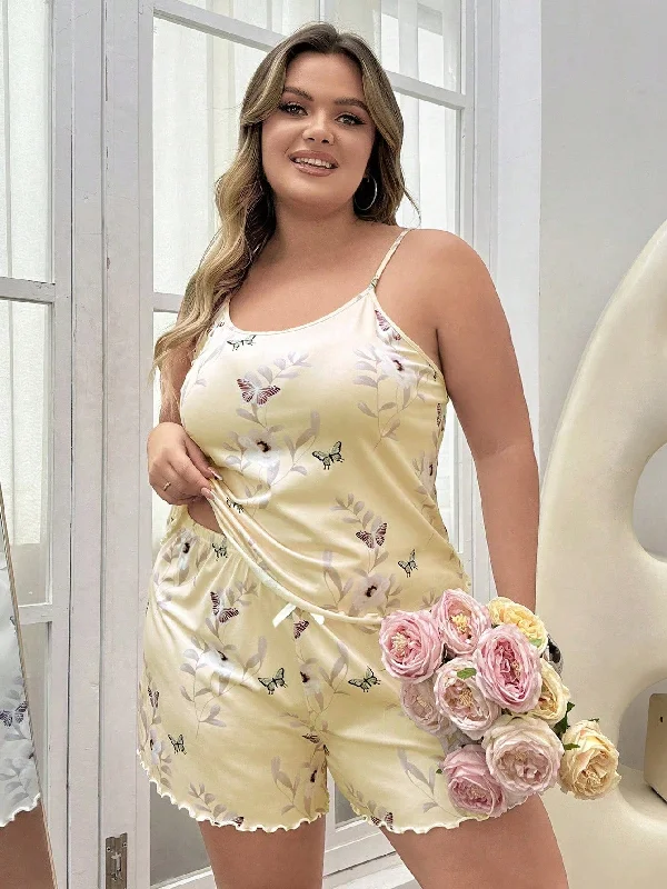 Plus Size Flower, Butterfly Print Cami Pajama Set