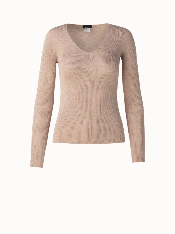 Ribbed V-Neck Cotton Silk Sweater