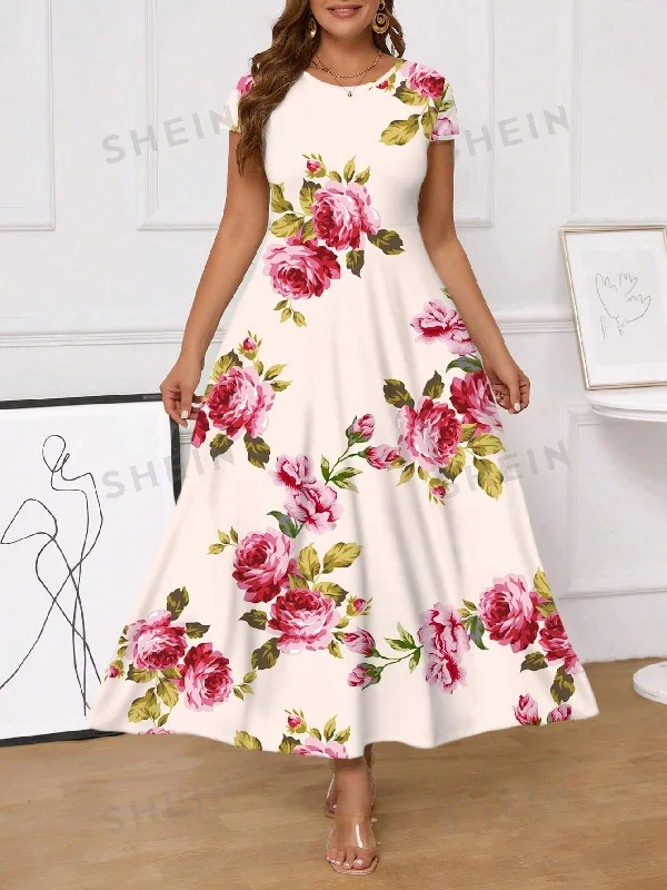 SHEIN Clasi Floral Printed Plus Size Long Dress With Cinched Waist For Women