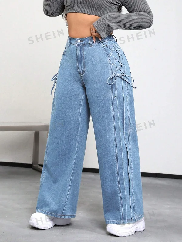 SHEIN ICON Plus Lace Up Side Wide Leg Jeans