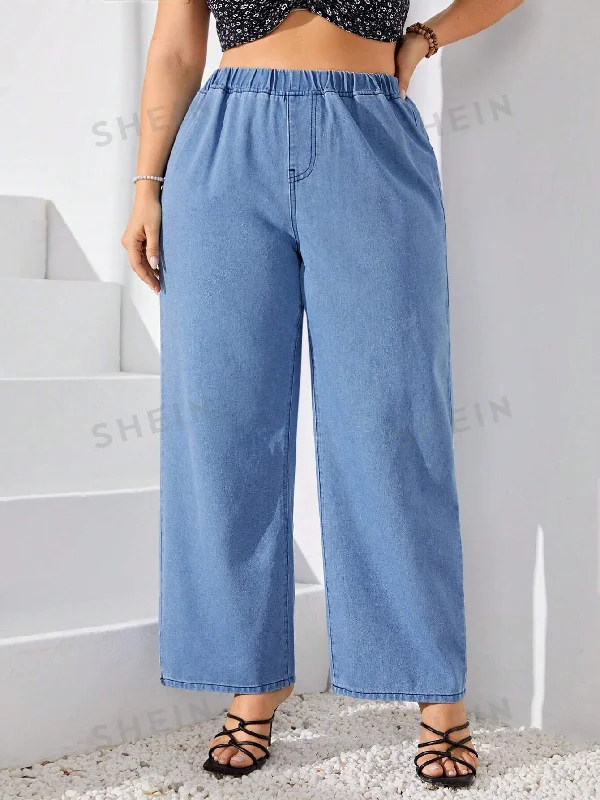 SHEIN LUNE Plus Size Elastic Waist Wide Leg Jeans