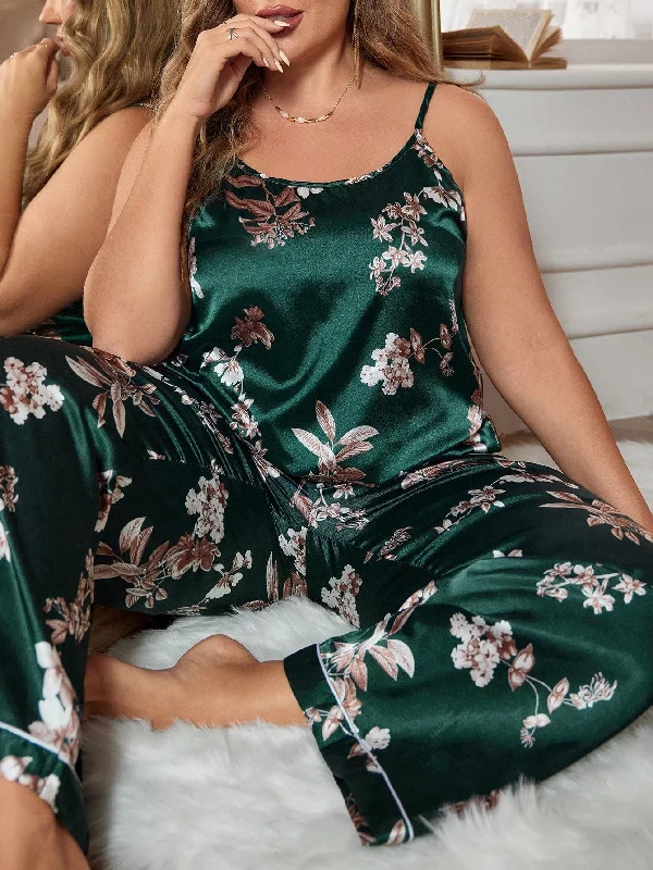 Shein LuxeNights Plus Floral Print Satin PJ Set / Pajama Set