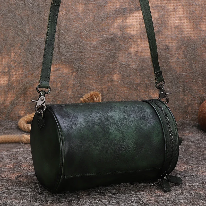 Vintage Womens Bucket Bag Genuine Green Leather Handbags For Women