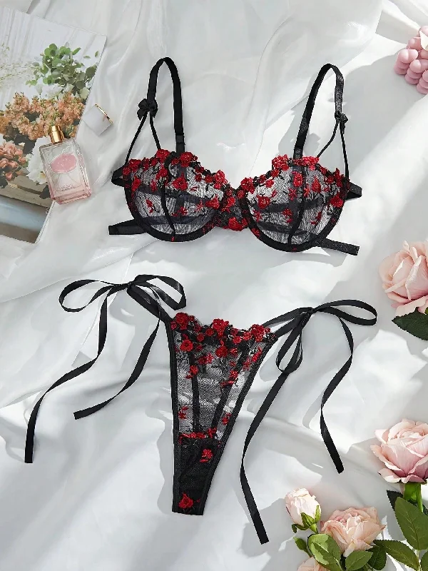 Women's Sxy Embroidered Floral See-Through Bra With Side Tied Thong Lingerie Set